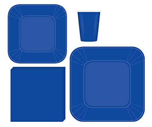 Oojami Serves 50 Guest Complete Party Pack Blue Square Plates, 9" Dinner & 7" Dessert Square Paper Plates, 9 Oz Cups, 3 Ply Napkins Baby Shower Office