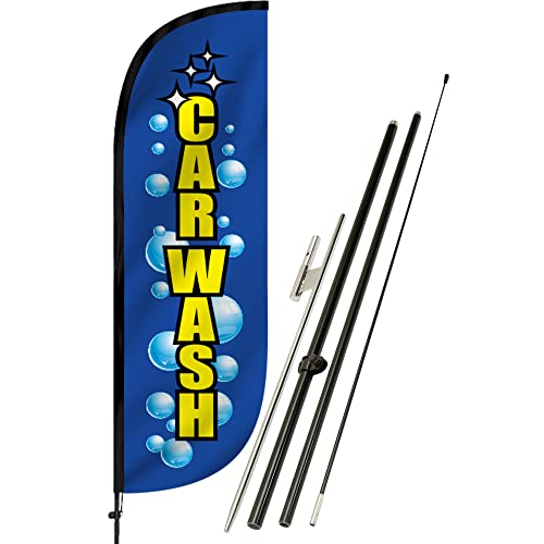 LookOurWay Feather Flag Set - 5ft Tall Advertising Banner Flag with Pole Kit and Ground Spike for Business Promotion - Car Wash Bubbles