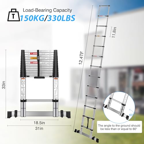 DEZEX 12.5 FT Stainless Steel Telescoping Ladders - One-Button Retraction