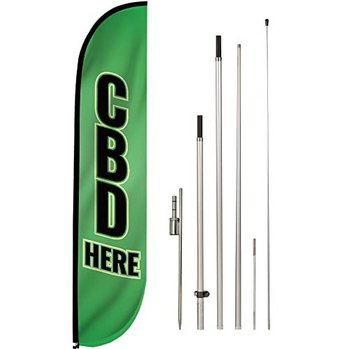 LookOurWay Feather Flag Set, 12 ft Advertising Flag with Fiberglass Poles and Ground Spike for Business Promotion, Vape and Smoke Shop Themed (CBD Here)
