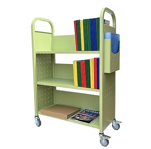 Scratch Workington Rolling Book Truck Book Cart with 3 Flat Shelves, Library Book Cart with Swivel Lockable Casters 3001 Apple Green