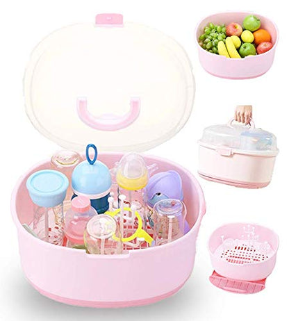 Baby Bottle Drying Rack Storage Large Container with Cover Drainer (Pink)