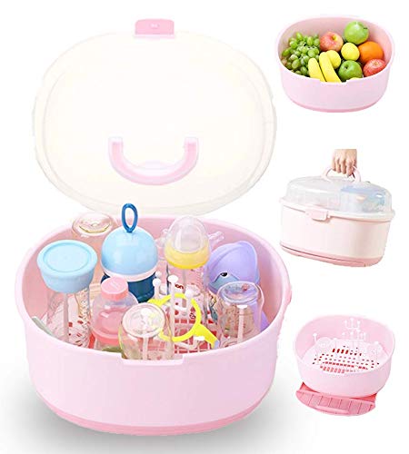 Baby Bottle Drying Rack Storage Large Container with Cover Drainer (Pink)