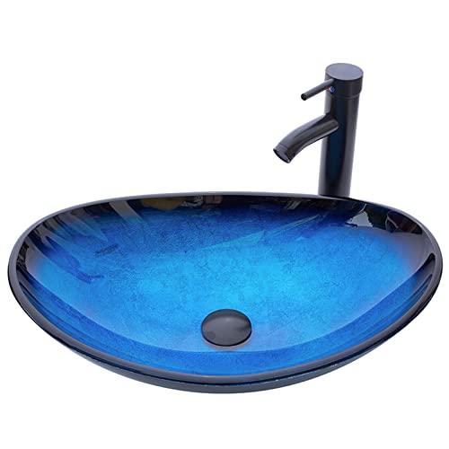 Combo YIMAI Ingenuity Vessel Sink Bathroom Sinks Blue Tempered Glass Art Basin 20.8"x13.7"