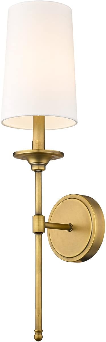 Emily 5.5 in. 1-Light Rubbed Brass Wall Sconce with Off White Cloth Cover Shade
