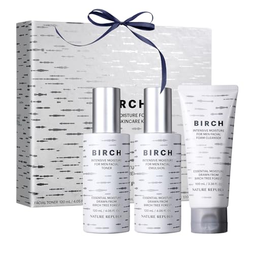 Nature Republic Birch Intensive for Men Skin Care Kit, Face Wash & Moisturizer for Hydrated Skin, Facial Toner (4.05 Fl.Oz) Emulsion (4.05 Fl.Oz) Cleaner (3.38 Fl.Oz), Korean Gift Sets