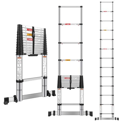 DEZEX 12.5 FT Stainless Steel Telescoping Ladders - One-Button Retraction