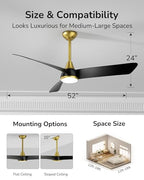 ULG Ceiling Fans with Lights 52 Inch Black Gold Ceiling Fan Light with APP&Remote Control 6 Speeds Dimmable LED