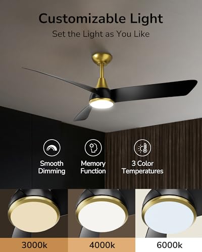 ULG Ceiling Fans with Lights, 52 Inch Black Gold Ceiling Fan Light with APP&Remote Control, 6 Speeds Dimmable LED