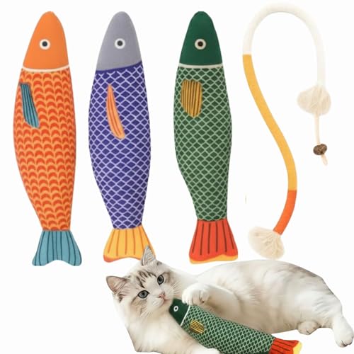 JMTSONS Cat Toys 4 Pack – 3 Catnip Fish Kicker Toys with Bell Sound and 1 Durable Rope Chew Toy for Indoor Cats &