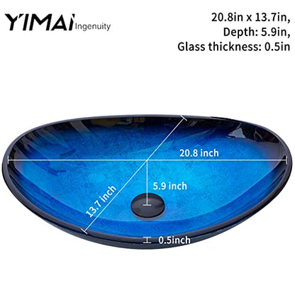 Combo YIMAI Ingenuity Vessel Sink Bathroom Sinks Blue Tempered Glass Art Basin 20.8"x13.7"