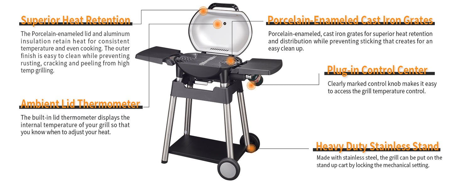 Portable Stand-up Propane Grill, Gas Grill, Cart Style, Black, 10000BTU Portable and Convenient Camping Grill for Party, Patio, Garden, Backyard, Balcony, Built-In Thermometer