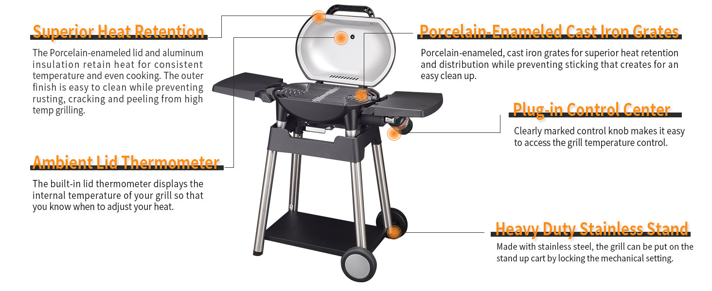 Vanston Portable Stand-up Propane Grill Gas Grill Cart Style Black 10000BTU Portable and Convenient Camping Grill