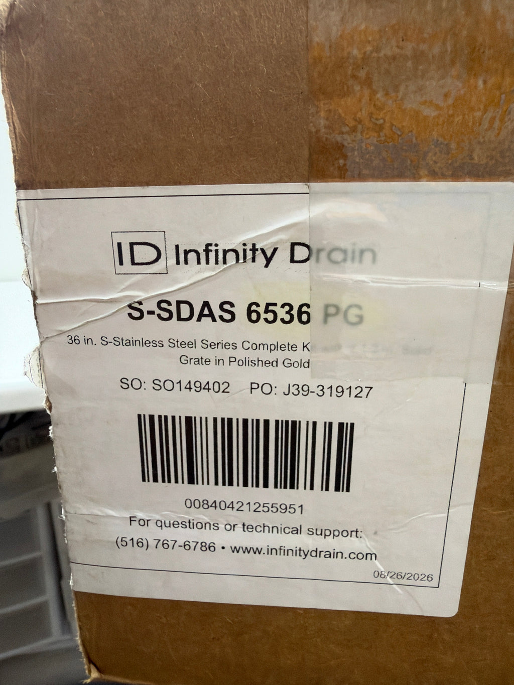 Infinity Drain S-SDAS 6536 36" S-Stainless Steel Series Complete Kit with 2-1/2" Solid Grate Polished Gold Showers Shower Drains Linear Drains