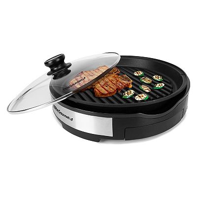 Elite Gourmet 12” Deluxe Indoor Grill with Tempered Glass Lid Stainless Steel