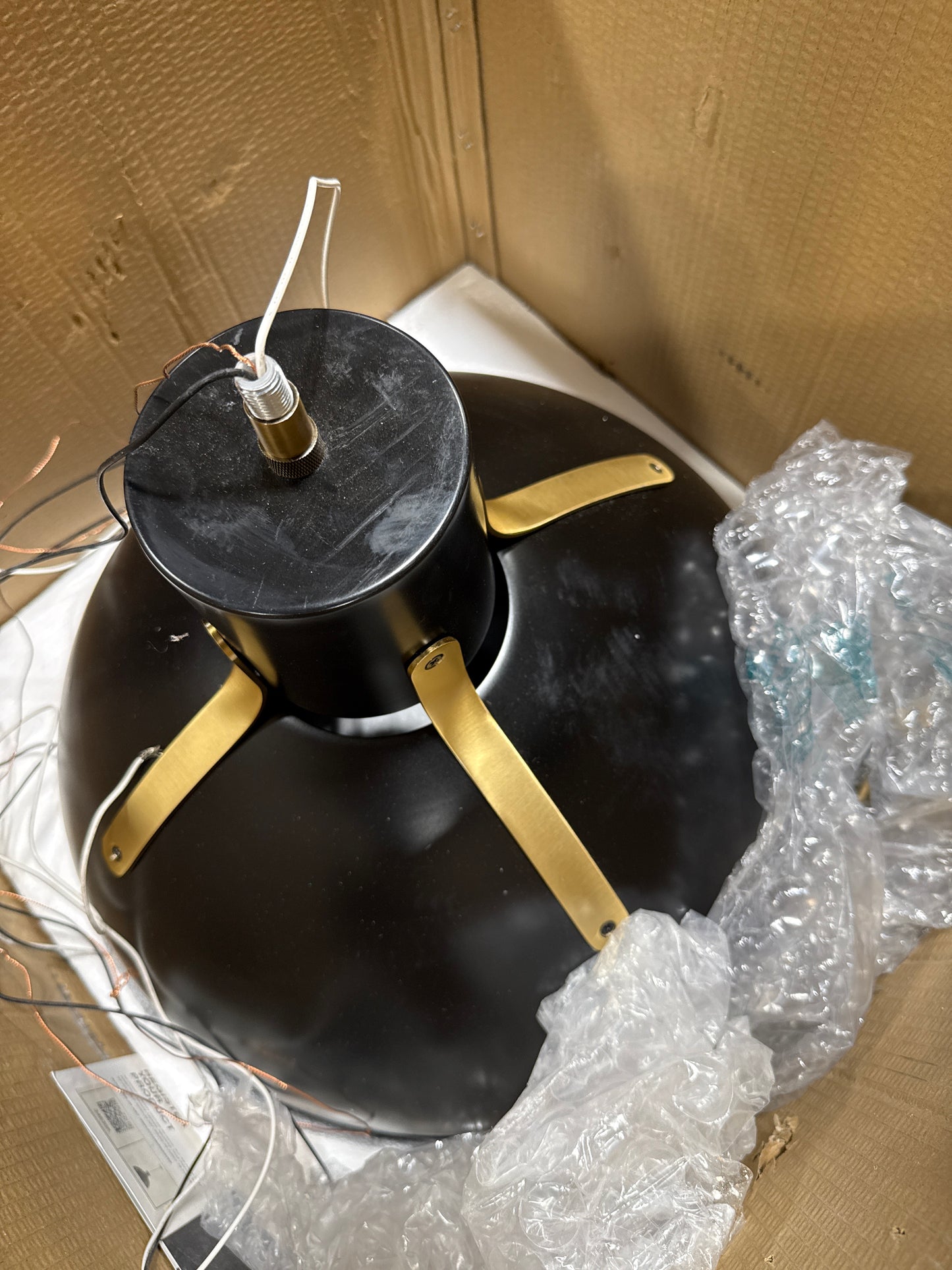 Scratch Hinkley Argo Large LED Pendant Light – Vintage Dome Shape, Industrial, Contemporary – Lacquered Brass and Satin Black Shade