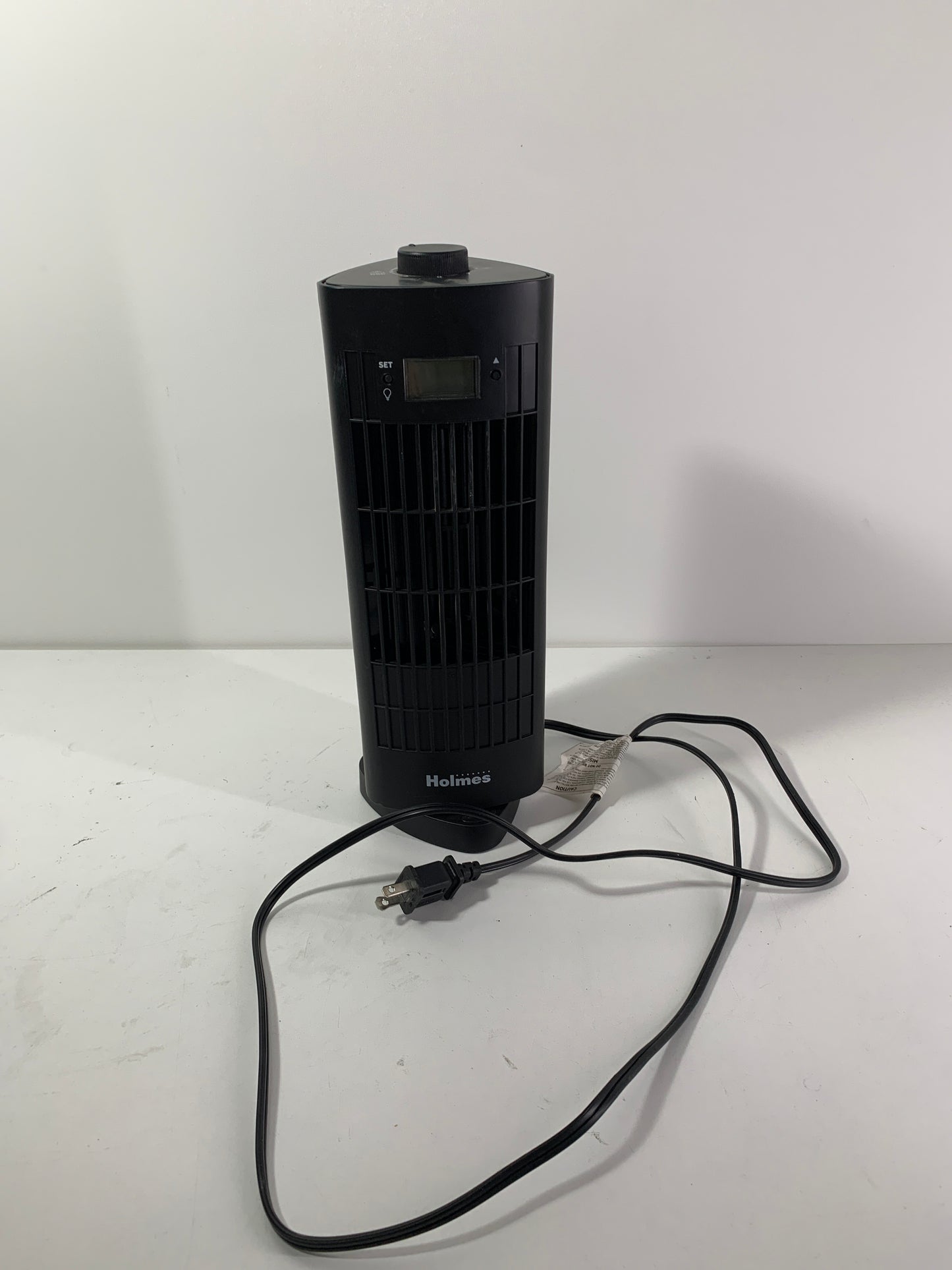 See Desc Holmes 13" Oscillating 3 Speed Mini Tower Fan with Digital Clock Black