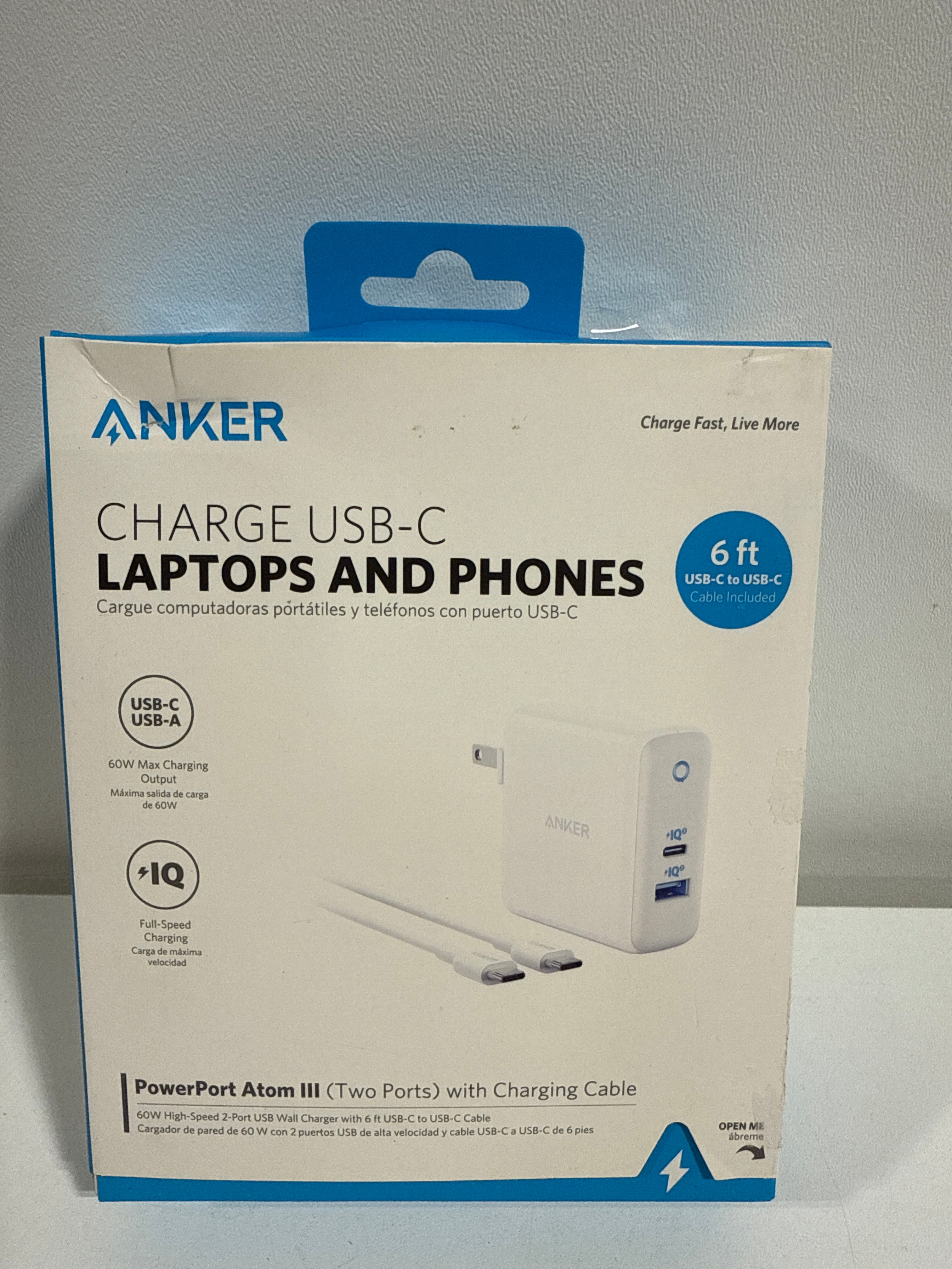 Anker - PowerPort PD 60W GaN Fast Charger and USB-C to C Cable 6ft for Macbook and Mobile Devices - White - *Computers