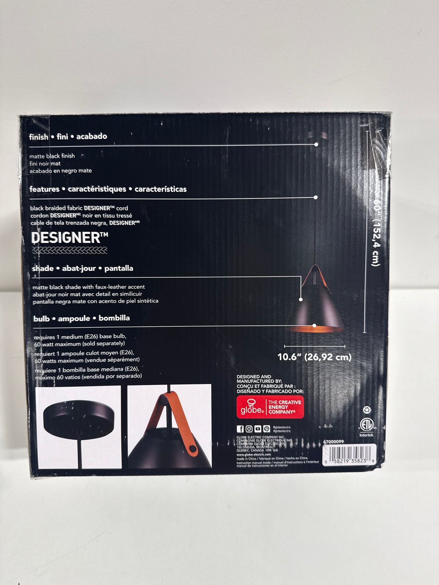 1-Light Pendant Light, Matte Black, Faux Leather Strap, Black Braided Fabric Designer Cord, Black Canopy, Pendant Light