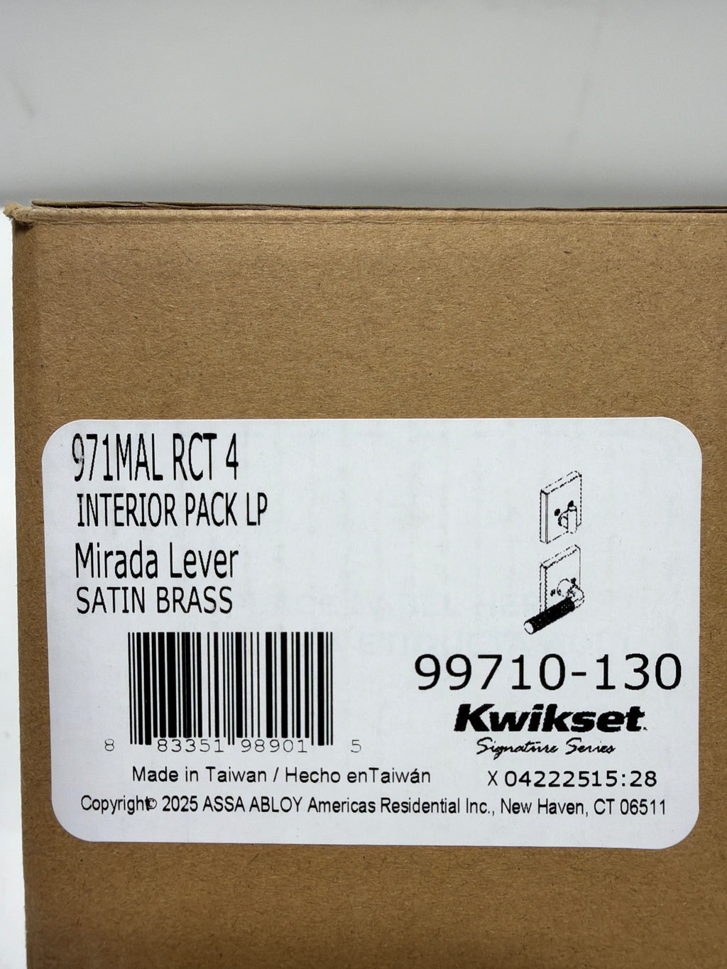 Kwikset 971MALRCT Mirada Lever Keyed Entry Handleset Interior Pack with Fluted Handle and Rectangle Rose Satin Brass Door Hardware Handlesets Keyed