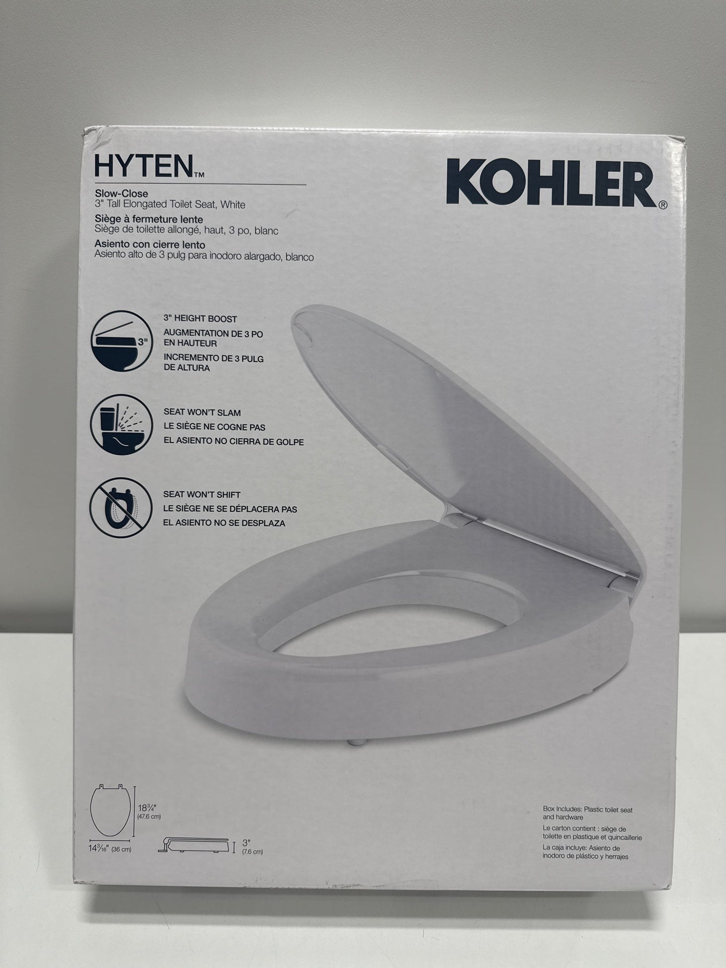 KOHLER 25875-0 Hyten 3" Height, Elevated Soft Close Elongated Toilet Seat, Contoured Seat with Grip-Tight Bumpers, Quick-Attach Hardware, No Slam Toilet Seat, White