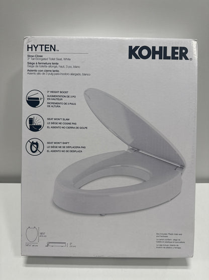KOHLER 25875-0 Hyten 3" Height, Elevated Soft Close Elongated Toilet Seat, Contoured Seat with Grip-Tight Bumpers, Quick-Attach Hardware, No Slam Toilet Seat, White