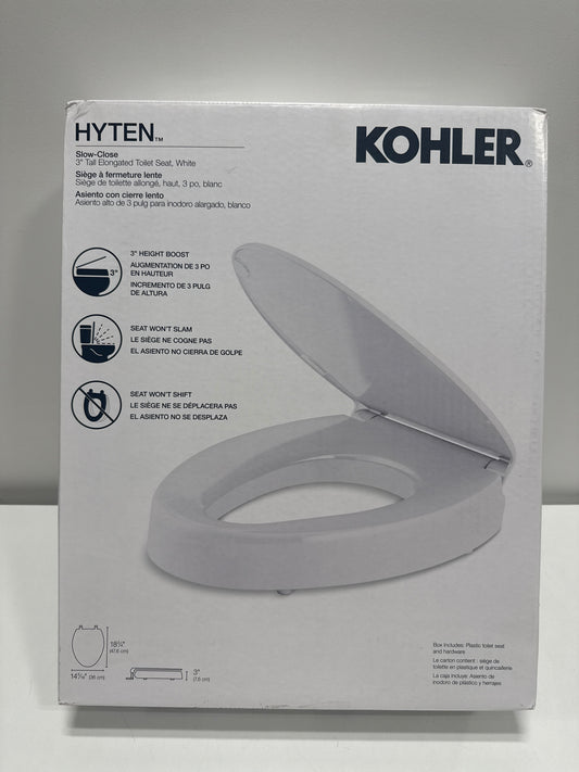 KOHLER 25875-0 Hyten 3" Height, Elevated Soft Close Elongated Toilet Seat, Contoured Seat with Grip-Tight Bumpers, Quick-Attach Hardware, No Slam Toilet Seat, White