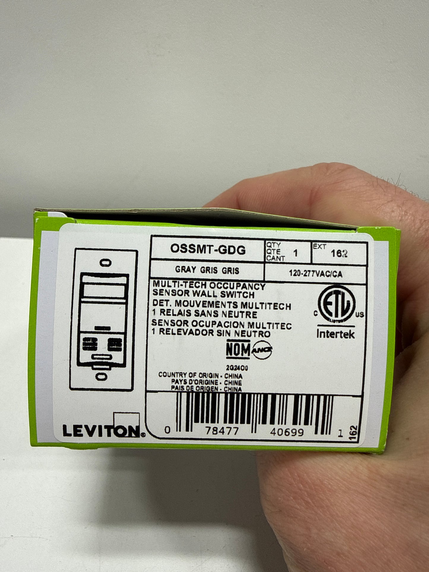 Leviton Ultrasonic/Infrared, Multi-Technology Wall Switch Sensor, No Neutral, 2400 sq. ft. Major & 400 sq. ft. Minor Motion Coverage, OSSMT-GDG, Gray