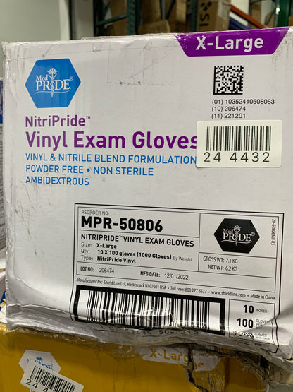 MED PRIDE Nitrile-Vinyl Blend Exam Gloves, X-Large 1000 - Powder Free, Latex Free & Rubber Free - Single Use Non-Sterile Protective Gloves