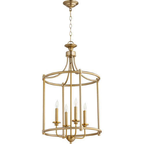 Quorum International Rossington 4-Light Pendant | Aged Brass Finish | Satin Opal Glass Shades | Transitional Steel Fixture | Adjustable Chain | Candelabra Base | Damp Rated | 6822-4-80