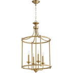 Quorum International Rossington 4-Light Pendant | Aged Brass Finish | Satin Opal Glass Shades | Transitional Steel Fixture | Adjustable Chain | Candelabra Base | Damp Rated | 6822-4-80