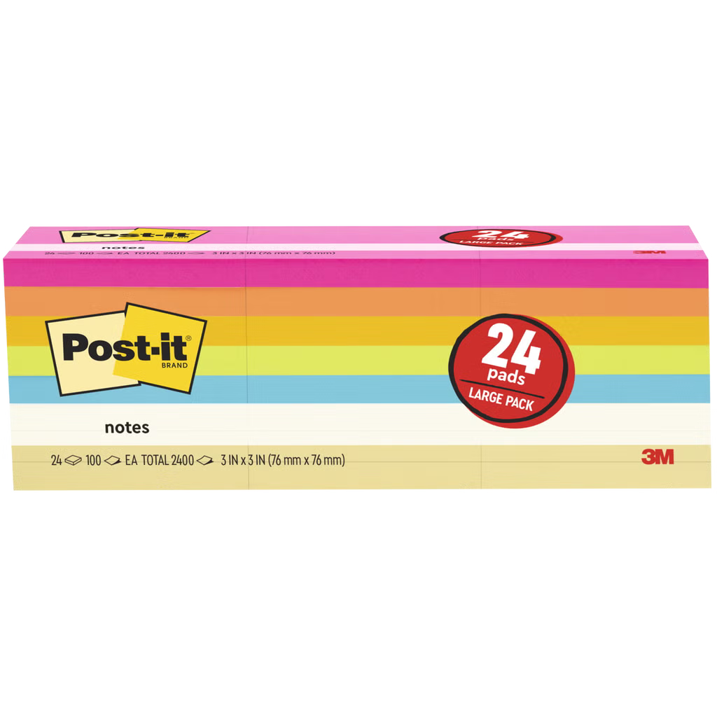 Post-it Notes, 3” x 3”, Assorted Bright Colors, 100 Sheets, 24 Pads