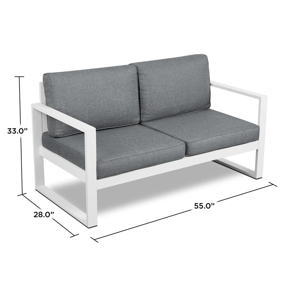Real Flame Baltic White Aluminum Outdoor Loveseat with Grey Cushions