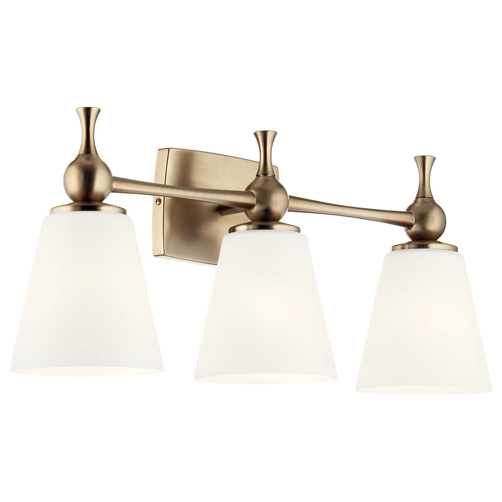 Kichler Cosabella 3-Light 24" Bathroom Vanity Light Fixture with Satin Etched Cased Opal Glass Shades in Champagne Bronze for Modern Bathrooms and Powder Rooms, 55092CPZ