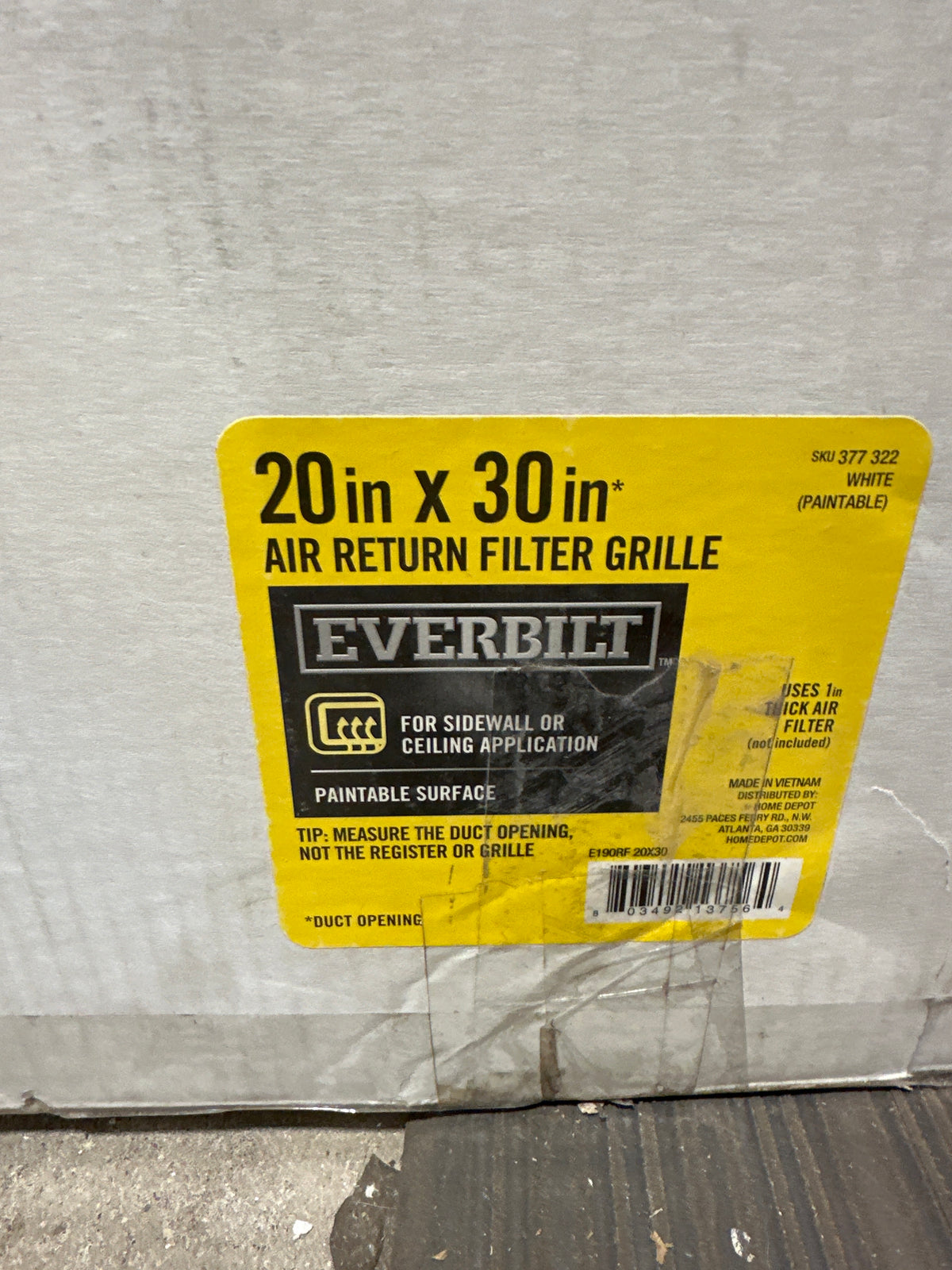 Everbilt 20 in. X 30 in. Steel Return Air Filter Grille in White