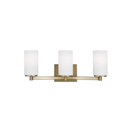 Hettinger 20 in. 3-Light Satin Brass Transitional Contemporary Wall Bathroom Vanity Light with White Glass Shades