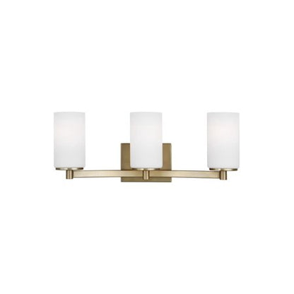 Hettinger 20 in. 3-Light Satin Brass Transitional Contemporary Wall Bathroom Vanity Light with White Glass Shades