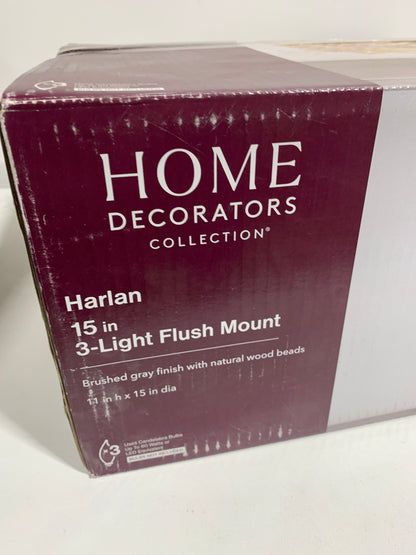 Harlan 15 in. 3-Light Brushed Grey Flush Mount with Natural Real Wood Beads