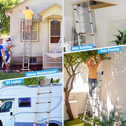 DEZEX 12.5 FT Stainless Steel Telescoping Ladders - One-Button Retraction