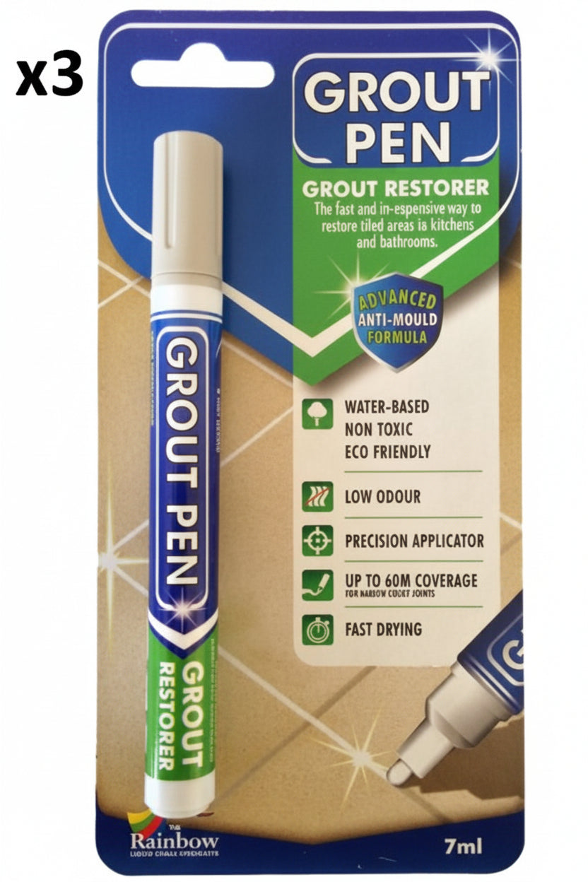 3 x Grout Pen Light Grey Tile Paint Marker: Waterproof Grout Paint Tile Grout Colorant and Sealer Pen - Light Grey Narrow 5mm Tip
