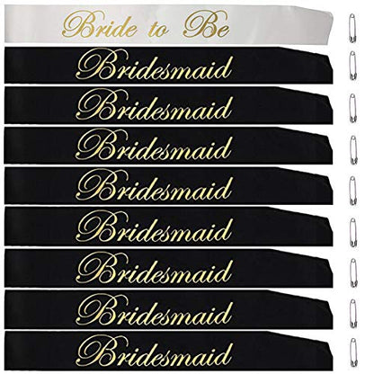 Bridal Shower Bachelorette Party Satin Sash Set:1 Bride to Be Sash, 8 Bridesmaid Sash, 9 Pcs