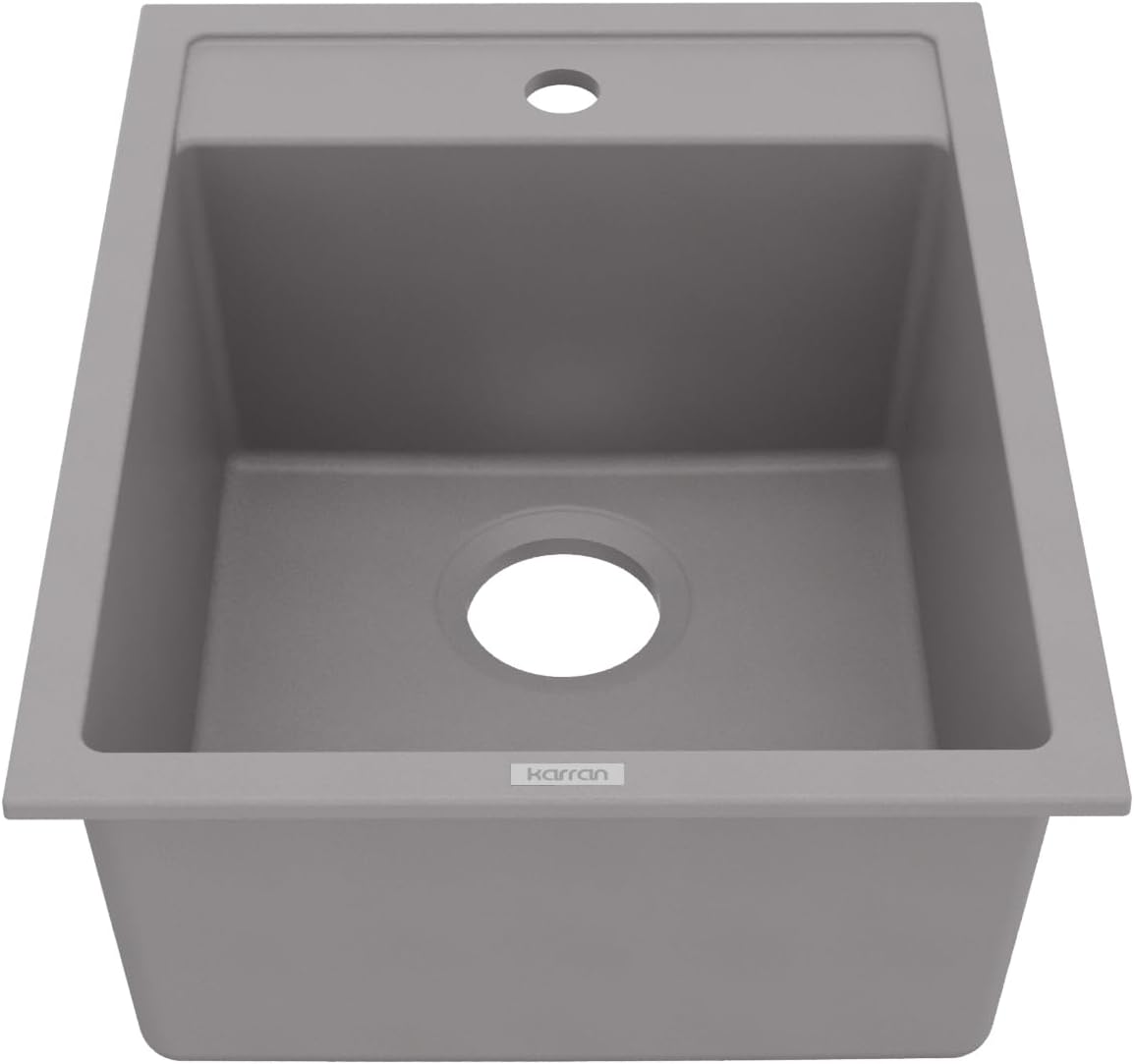 Karran 15-3/4 Inch Drop In Quartz Composite Bar Sink, Single Bowl Prep Sink, Grey Kitchen Island Sink, Top Mount Utility Sink, Heat and Scratch Resistant Quartz Composite QT-825