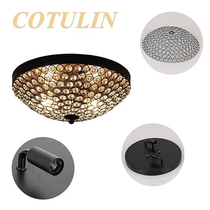 COTULIN Modern Elegant Black Crystal Ceiling Light - 2-Light Flush Mount Chandelier