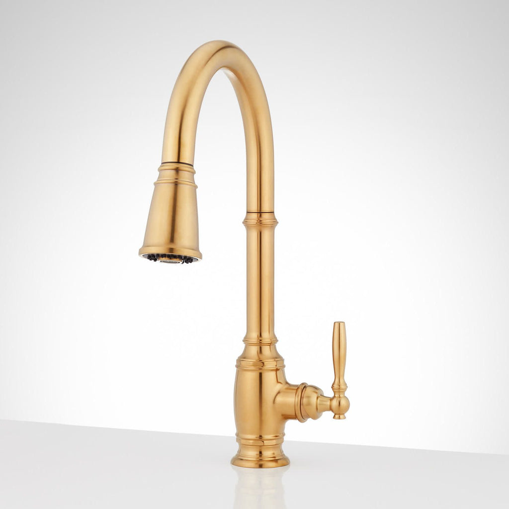 Signature Hardware 953519 Finnian 1.8 GPM Single Hole Pull Down Kitchen Faucet Brushed Gold Faucet Kitchen Single Handle