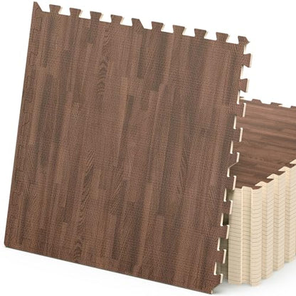 100 Sq. Ft 3/8 Inch Thick Printed Foam Tiles Interlocking Foam Mat, 24" X 24", 25 Pcs, Dark Wood Grain Style Print