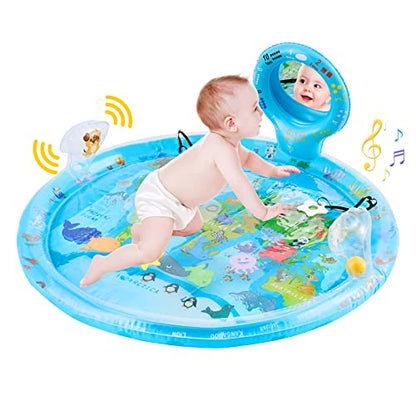 Flashbluer 4-in-1 Tummy Time Water Play Mat with Baby Mirror & Teethers and Rattles