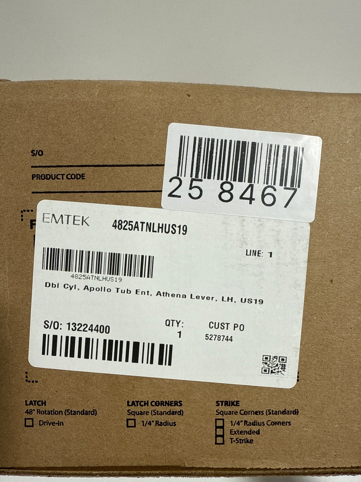 Emtek Dbl Cyl, Apollo Tub Ent, Athena Lever, LH, US19 Black