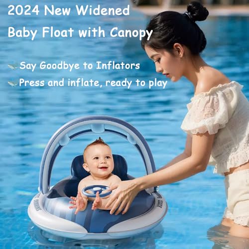 HICYOO Baby Pool Float with Canopy, 2024 New Toddler Pool Floats, Widened Infant Pool Float Built-in Hand Pump for Push-to-Inflate,