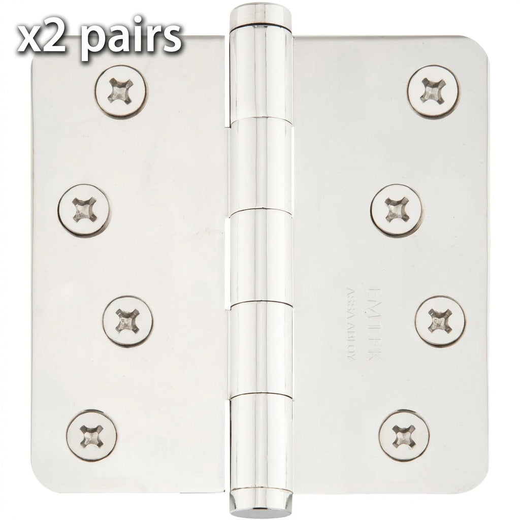 Emtek 91034 4" x 4" Plain Bearing 5/8" Radius Corners Mortise Hinge - Pair, Polished Nickel