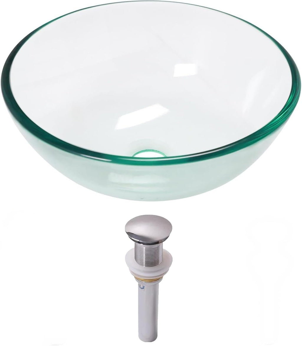 Lordear 14 x 14 Inch Artistic Vessel Sink Bathroom Vessel Sink Round Clear Tempered Glass Vanity Round Bowl with Pop-up Drain Combo Countertop Basin